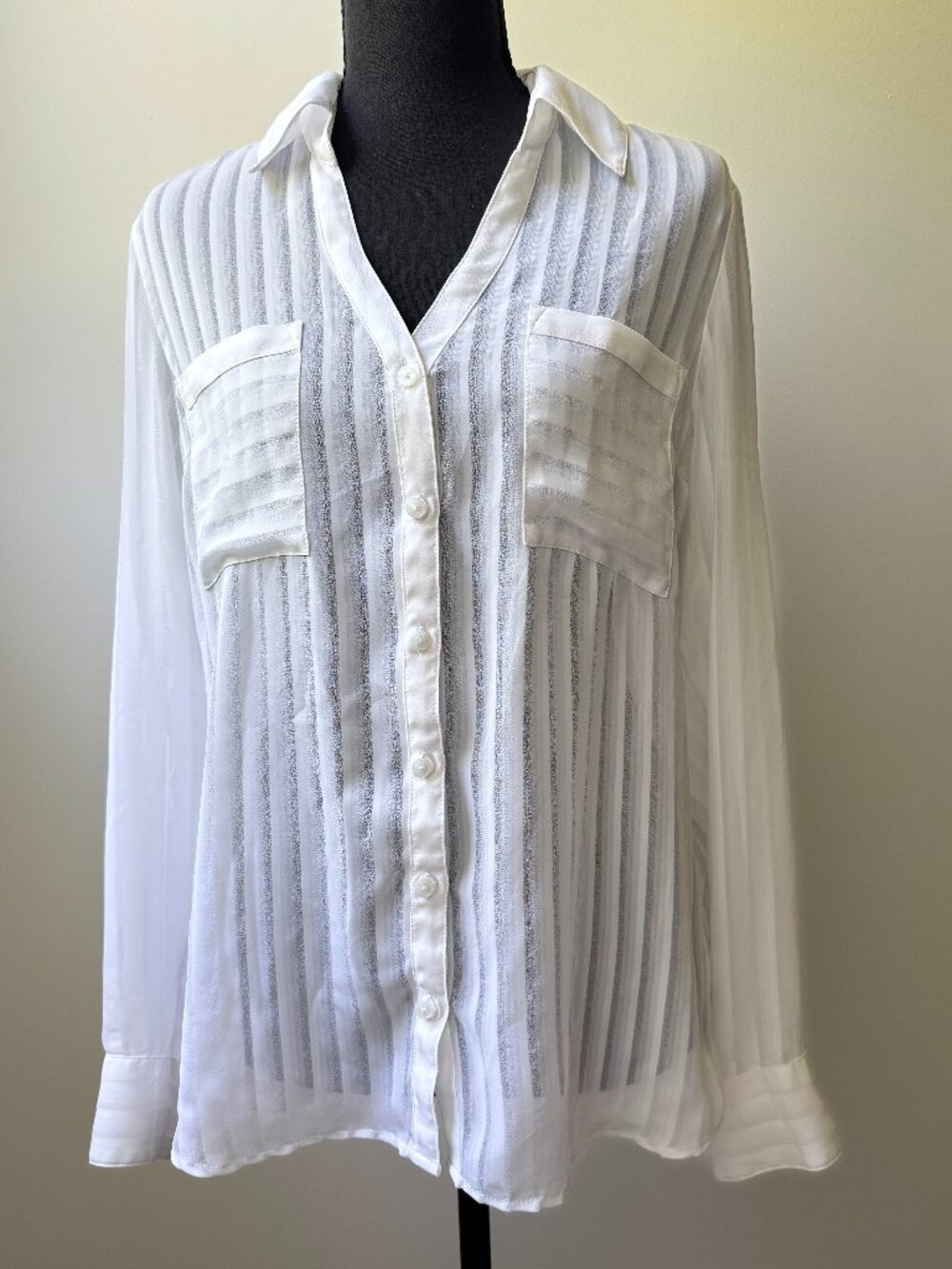 Express The Portofino Shirt White Sheer Striped Button Up Blouse Size M